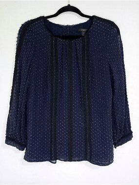 J.Crew Blouse Lace Accents Silk Blend Navy Swiss Dot Size 6 Womens